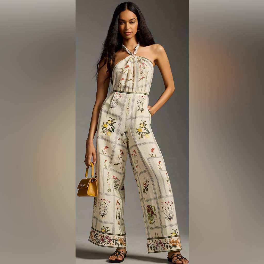 Anthropologie Floral Print Jumpsuit In Cream